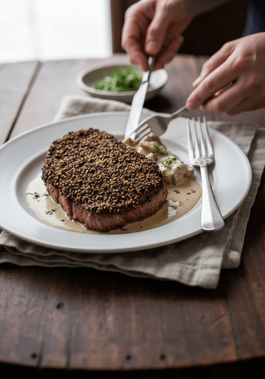 Steak au Poivre — Pepper Crusted: Experience the rich flavors of a French bistro with this classic steak au poivre recipe. Perfectly seared steak, bold pepper crust, and a decadent cream sauce.