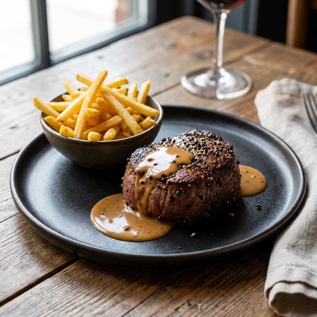 Crusted beef, cognac flames, creamy pepper sauce.