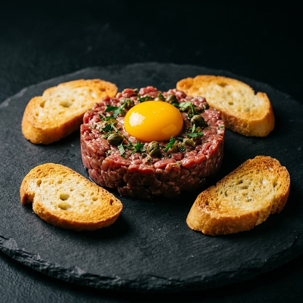 Steak tartare topped with a raw egg yolk and capers, served with crostini