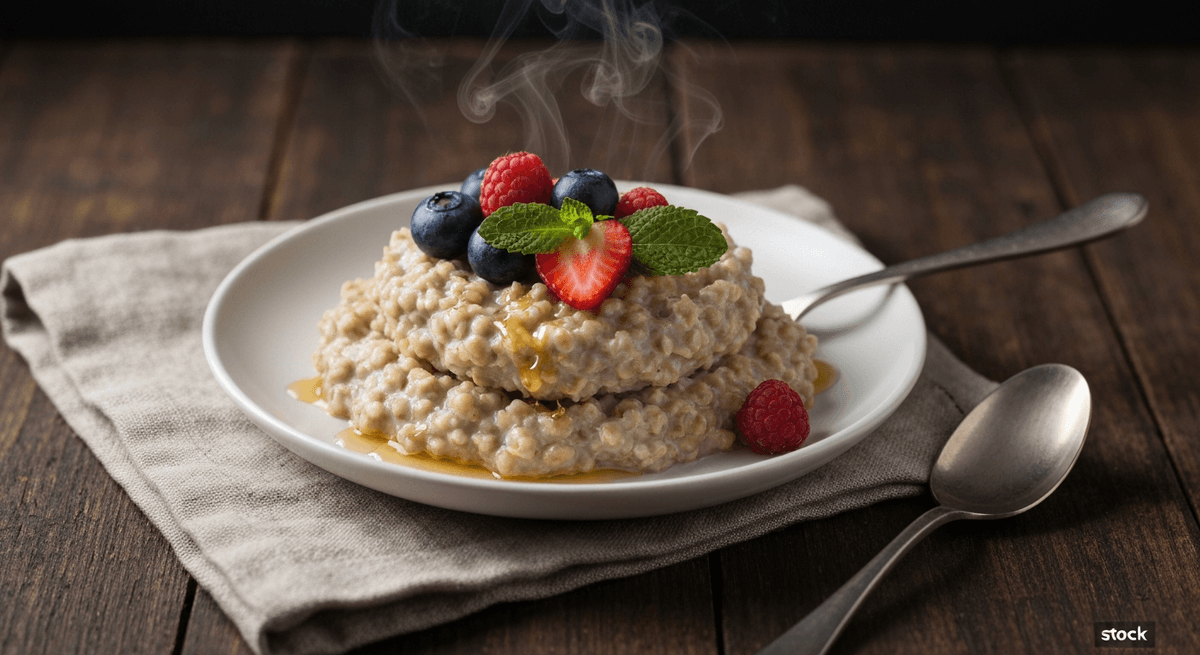 A bowl of creamy steel-cut oats topped with berries and nuts