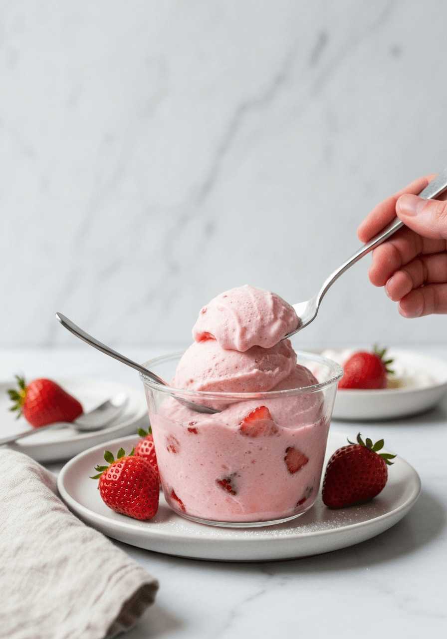 Strawberry Frozen Yogurt: A lighter, healthier frozen treat that doesn't compromise on flavor. Tangy, creamy, and bursting with fresh strawberry goodness.