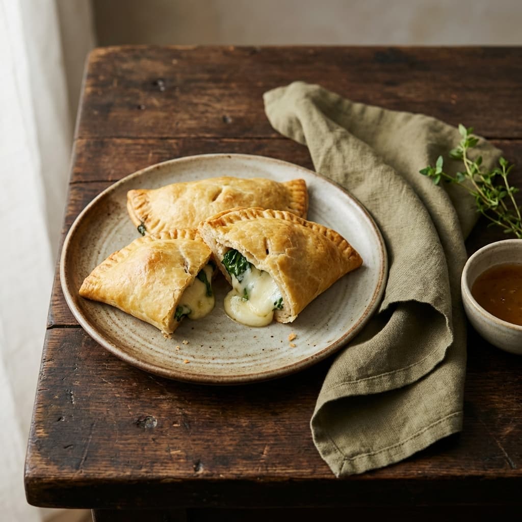 Baked stuffed chicken pockets sliced open with melted cheese and greens inside