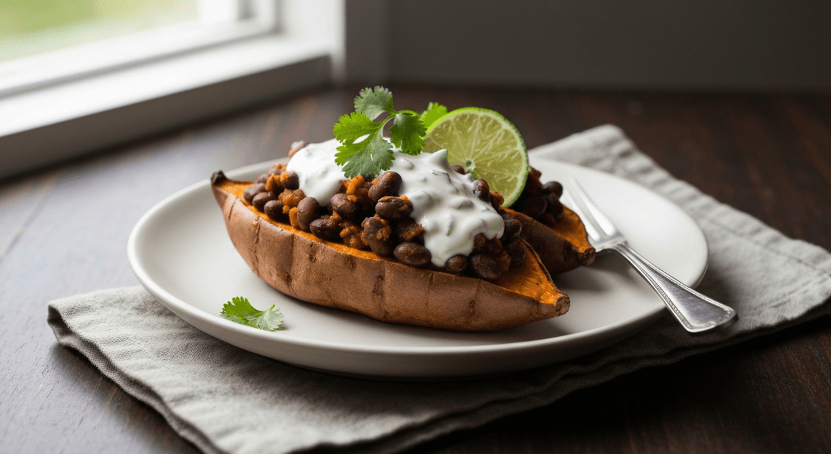 Roasted sweet potatoes split open and stuffed with black beans, topped with yogurt-lime sauce