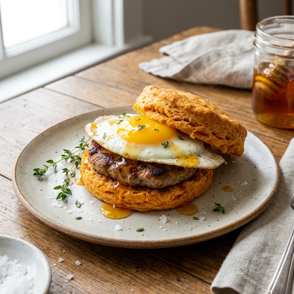 Tender sweet potato biscuit, salty sausage, and sweet heat finish.
