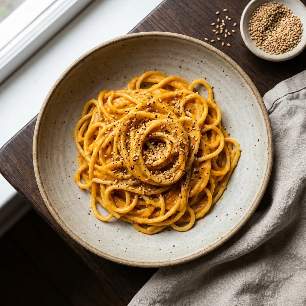 Sweet Potato 'Cacio e Pepe' (Benne + Black Pepper): Creamy without cream—sweet potato carries the sauce.