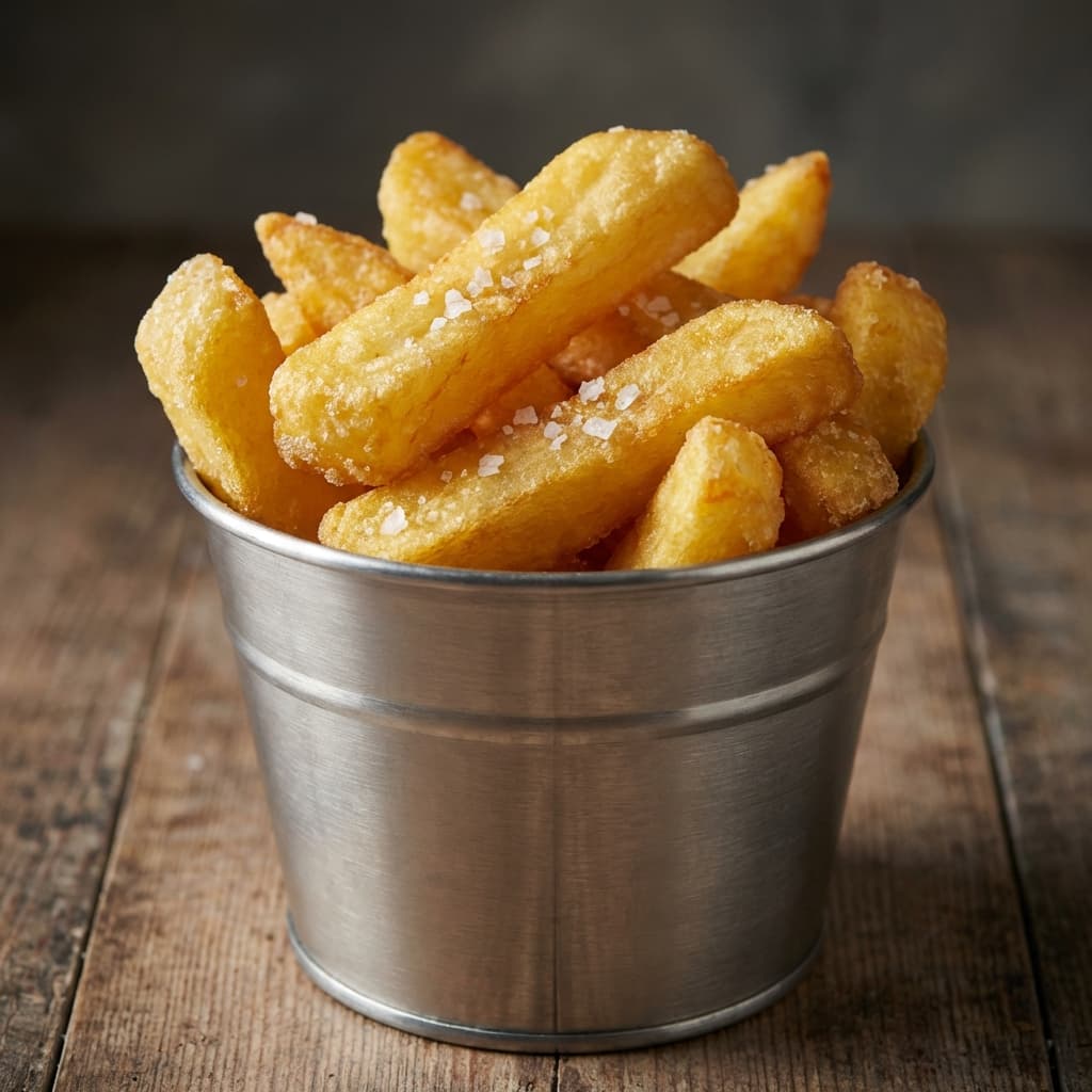 Triple Cooked Chips (Heston Style): Boil, freeze, fry, freeze, fry. Glassy crust, mash center.