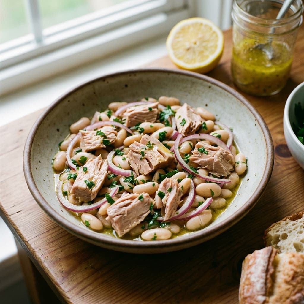 Bowl of tuna and white beans with cucumber, herbs, and lemon dressing