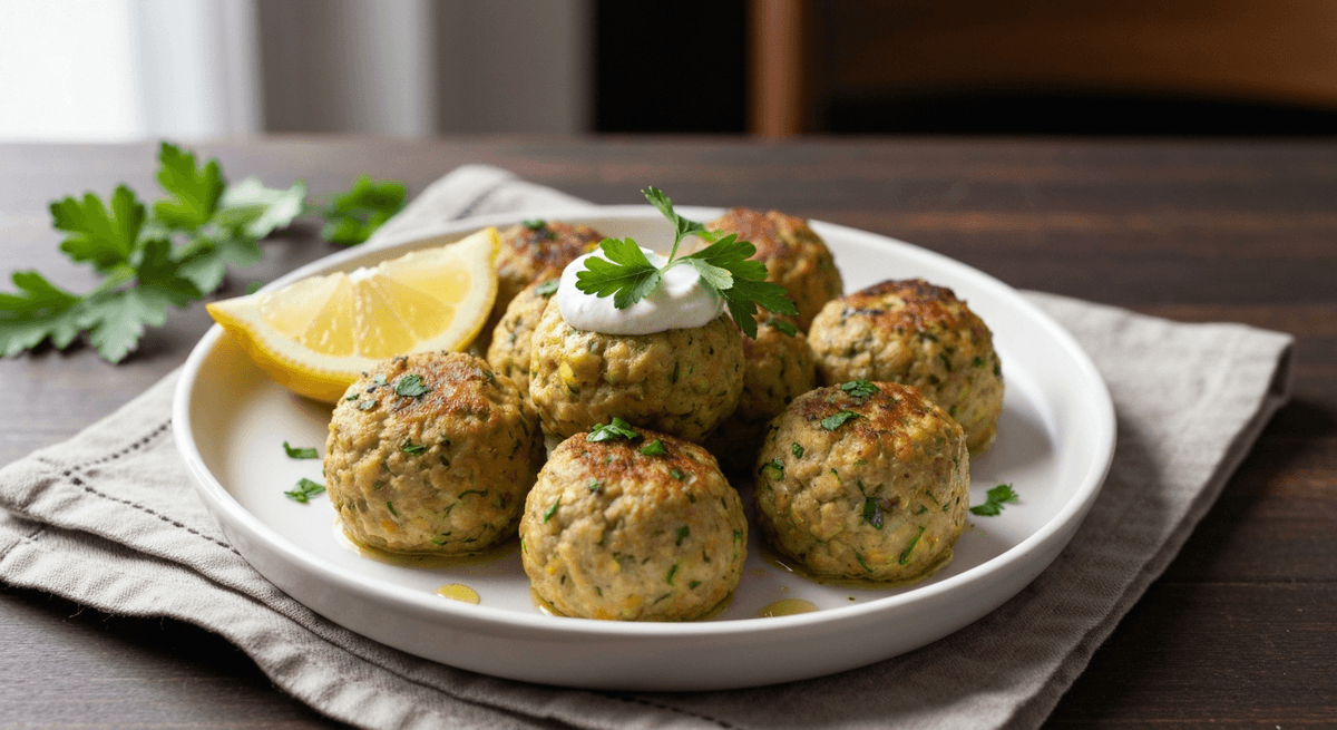 Baked turkey meatballs with a bowl of lemon yogurt dip