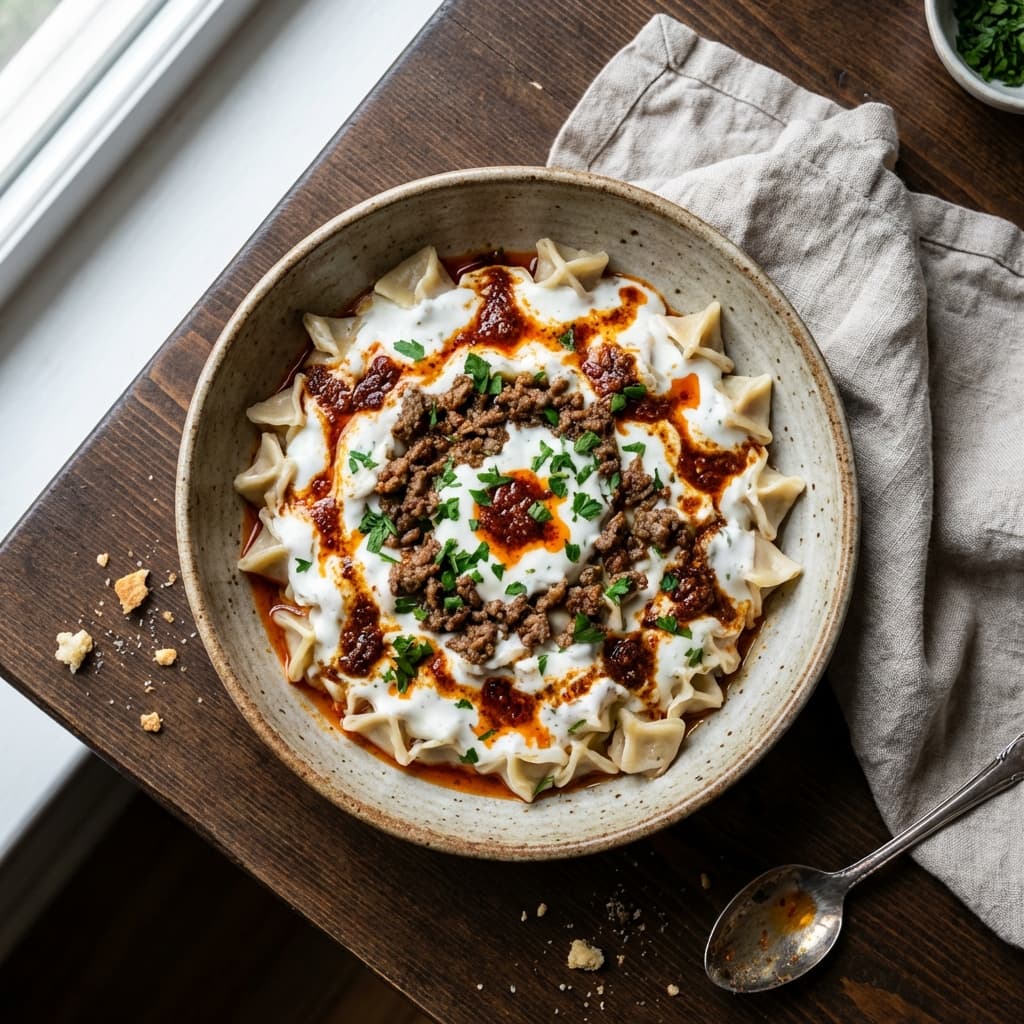 Pasta topped with garlic yogurt sauce and spiced beef butter, finished with parsley