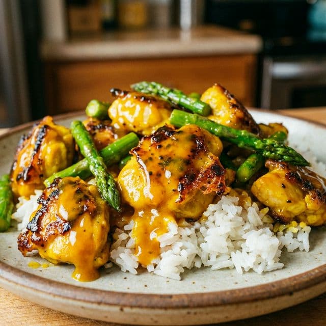 with crispy edges and bright green asparagus over rice in a thick yellow-orange glaze.