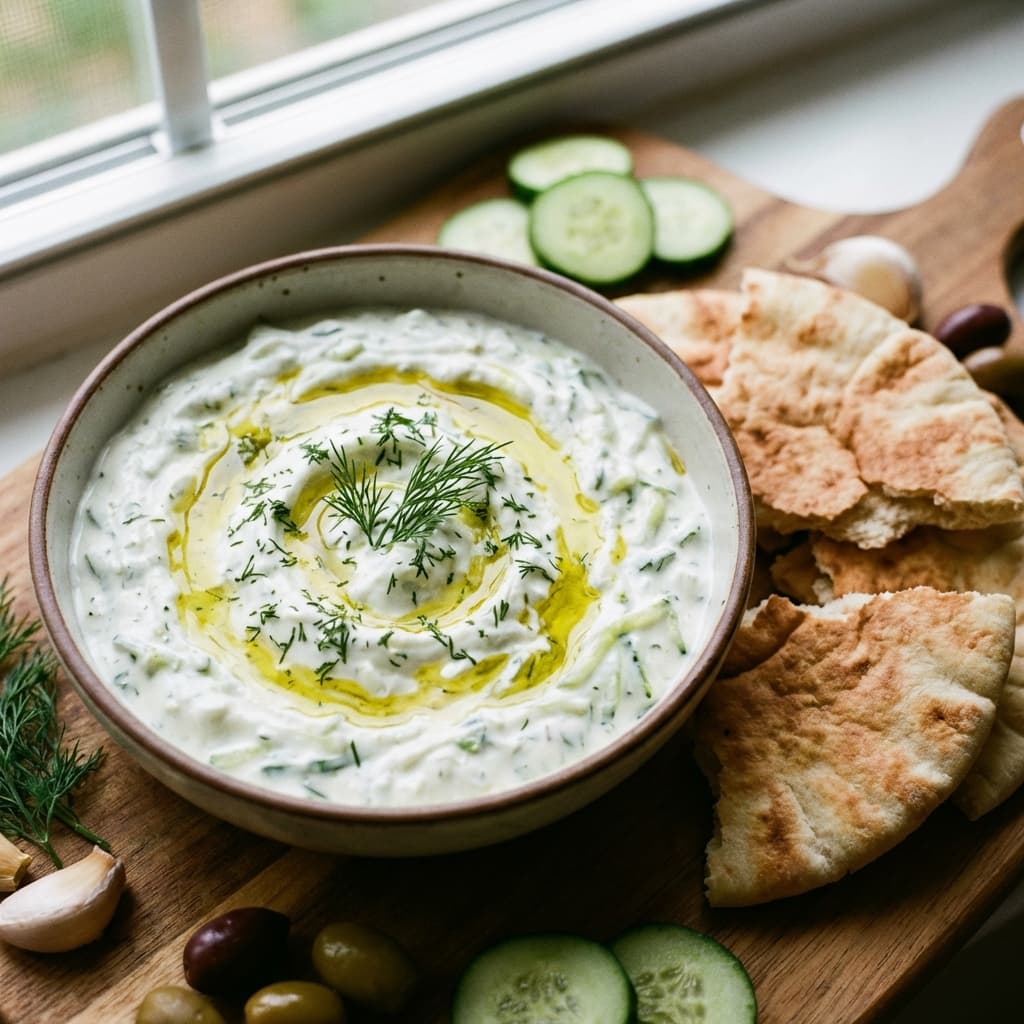 A bowl of thick tzatziki with cucumber and dill