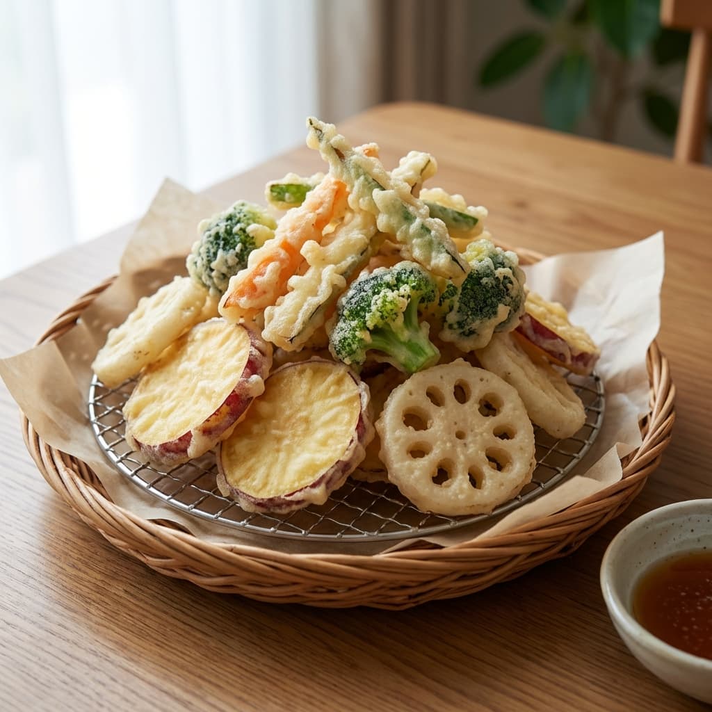 Vegetable Tempura: Ice-cold batter meets hot oil. Lace-like crunch.