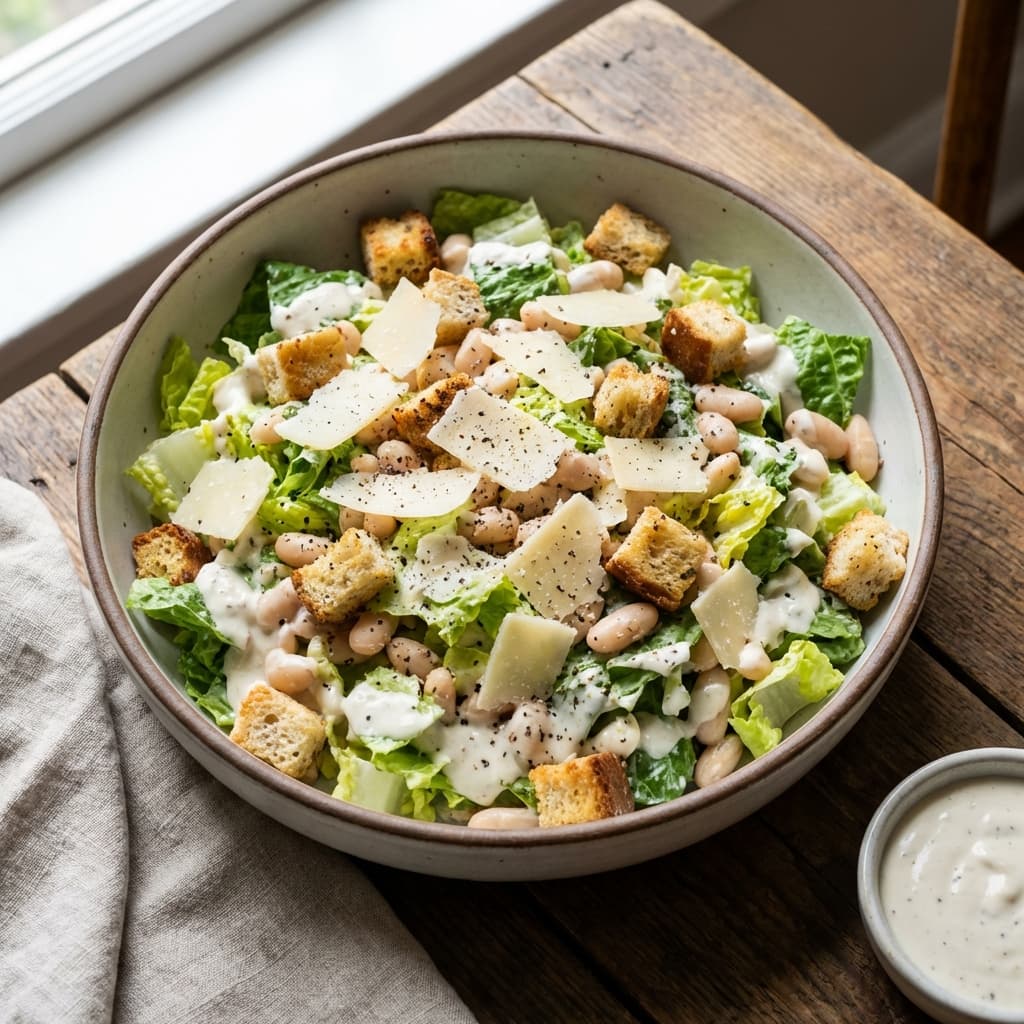 A bowl of greens and white beans with Caesar-style dressing and black pepper