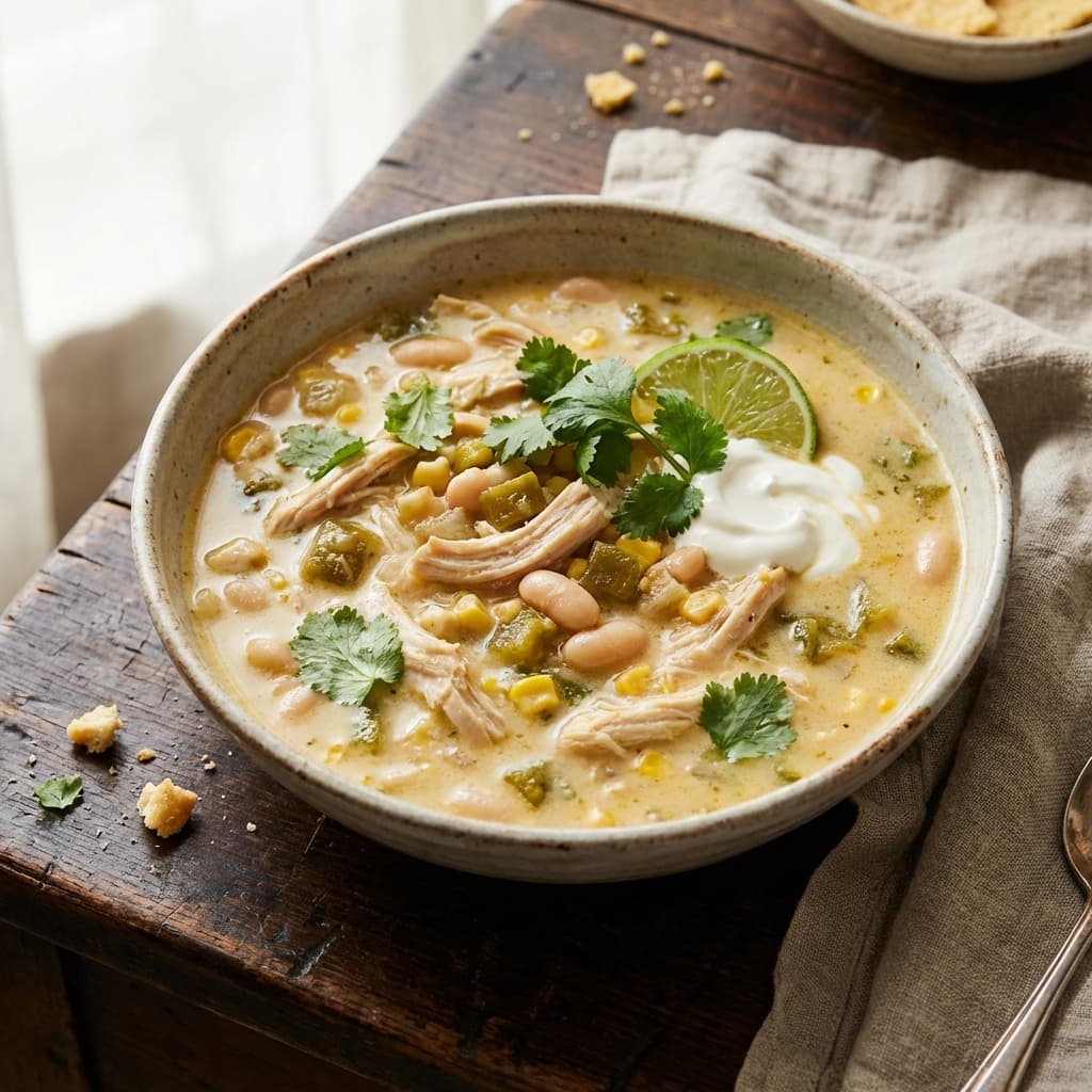 White Chicken Chili: Creamy white chicken chili with green chiles — weeknight comfort in one pot.