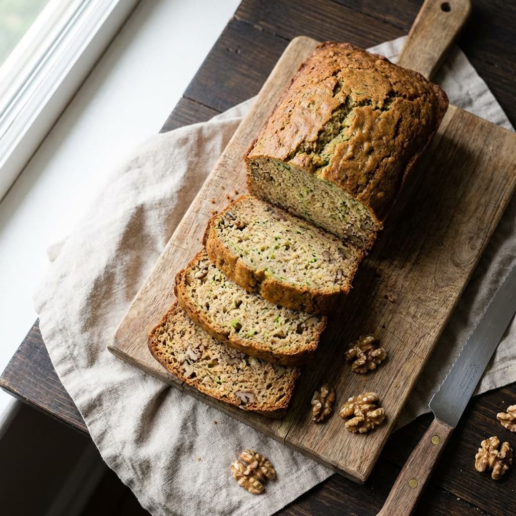 A sliced zucchini bread loaf with a tender crumb and walnuts