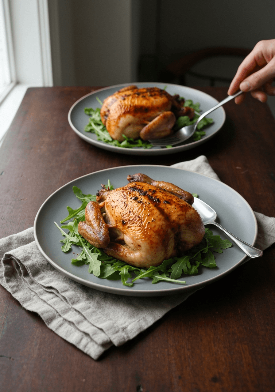 Golden brown roast chicken in a cast iron skillet sitting atop a bed of toasted bread salad with currants and pine nuts.